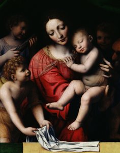 De slapende Jezus, of Madonna met het slapende Kind, vergezeld door drie engelen, 1532